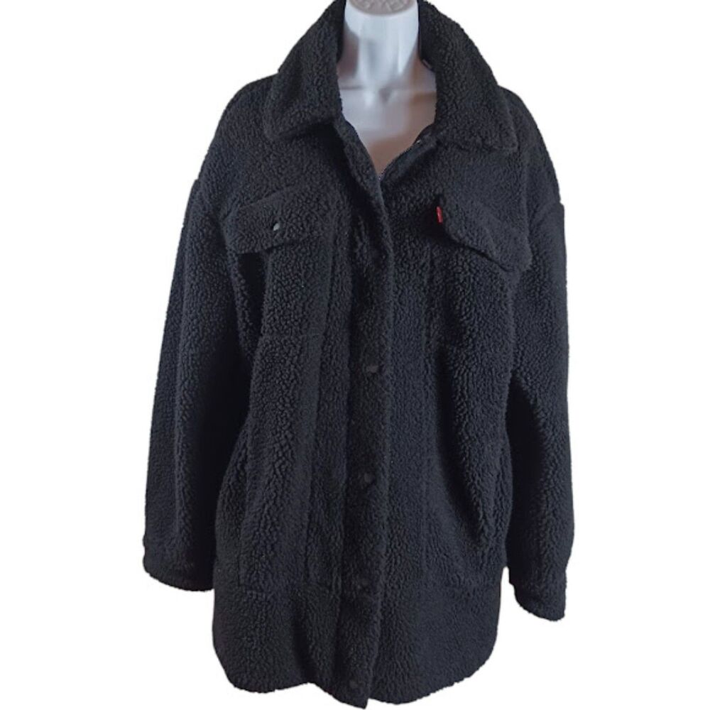 Levi’s Black L Sherpa Fleece Jacket Snap Front Faux Fur Lined Oversized Coat - Picture 2 of 10